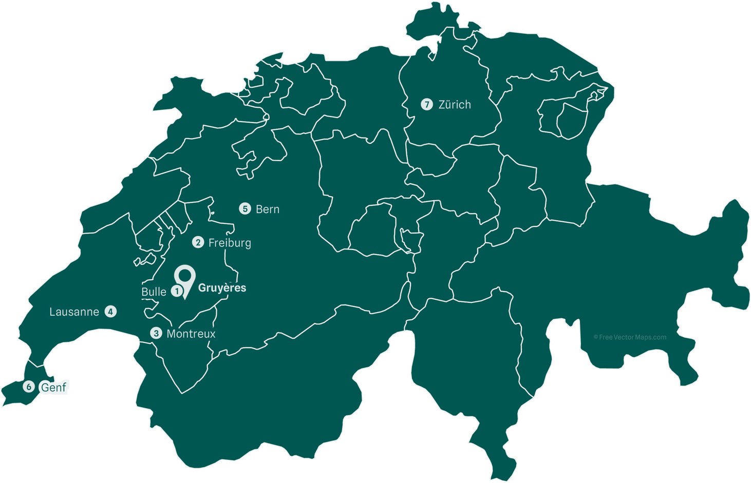 Karte der Schweiz mit Anreisezeiten nach Gruyères